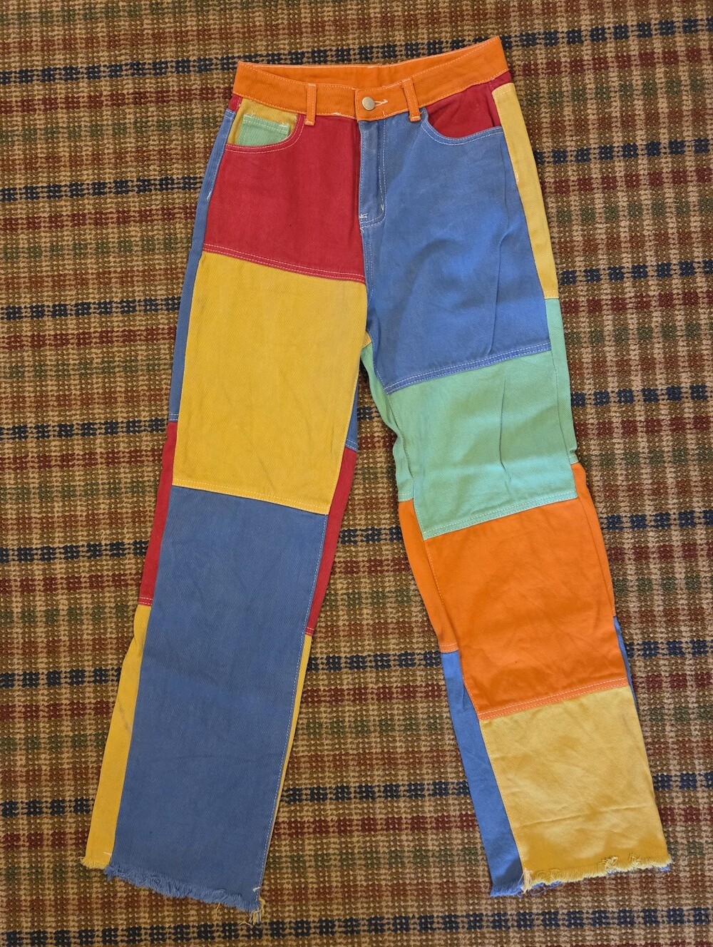 Rainbow Patchwork Multicolored Color Block Denim Cotton Pants Size Small